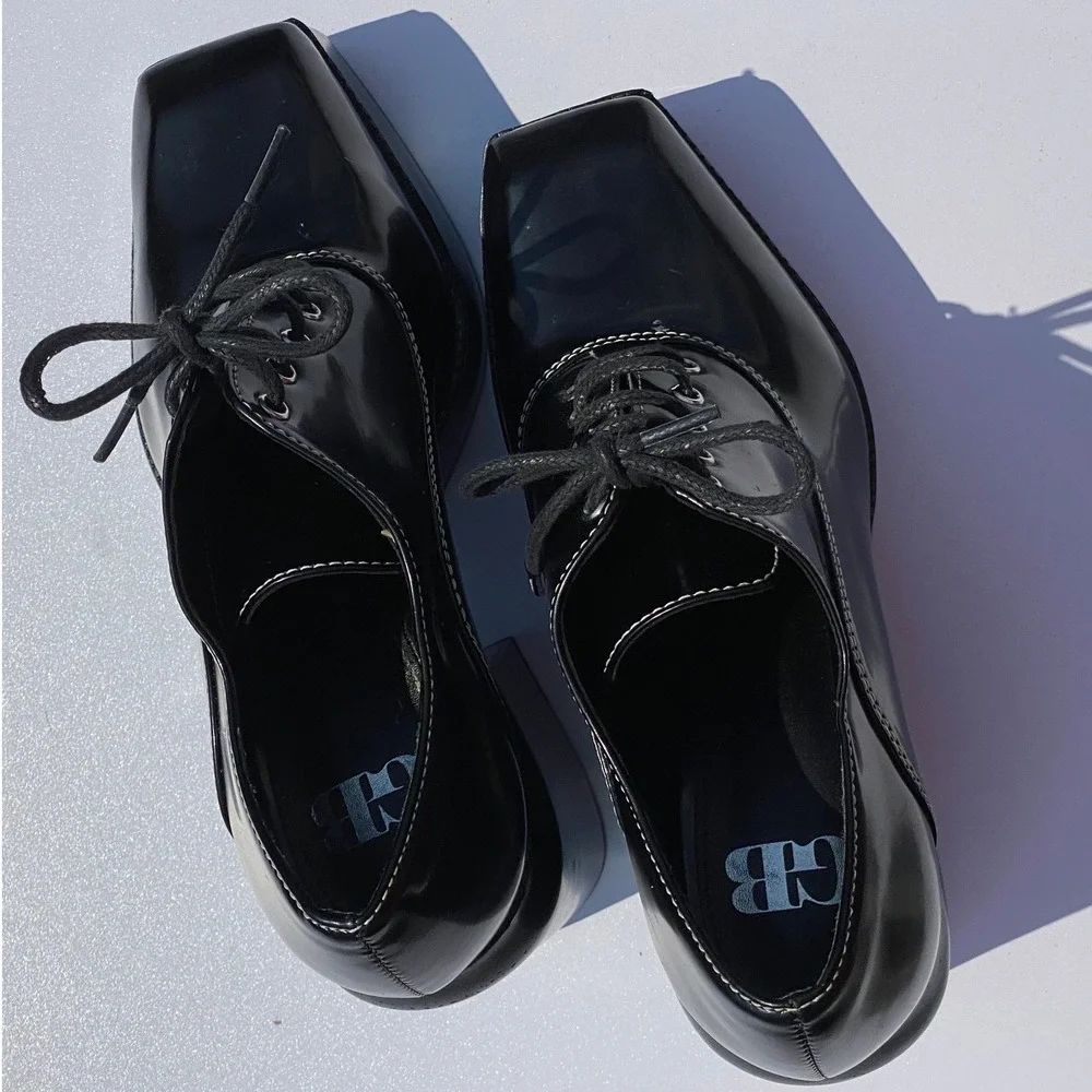 GB Grunge Black Platform Oxford Loafers Goth Bratz Contrast Stitching Edgy - 7M